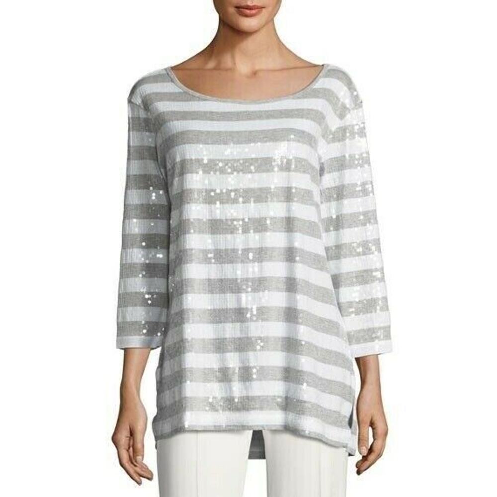 MSRP $288 JOAN VASS Knit Tunic Top Sequin Striped Gray White Size 2 10/12